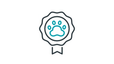 black and teal icon of paw print inside an award/ribbon
