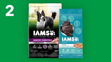 green background with number 2, a package of IAMS dog food and a package of IAMS cat food