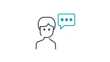 black and teal icon of person and chat bubble