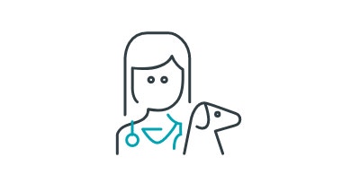 black and teal icon of vet and dog