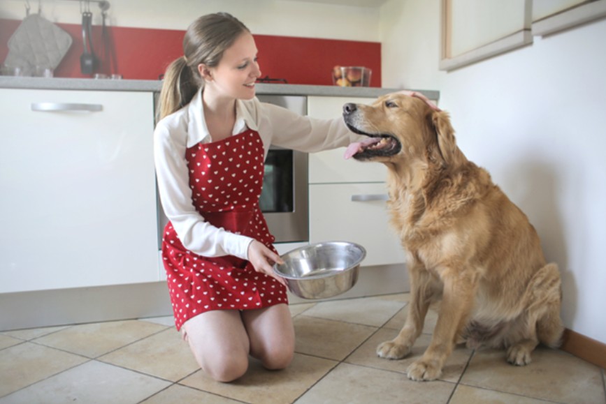 Woman feeding her dog after wondering how long does dog food last 